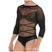 WN190021 Mens Long Sleeve Appealing Jumpsuit Tank Top Underwear See Through Sexy Lingerie Transparent Bodysuit for Male